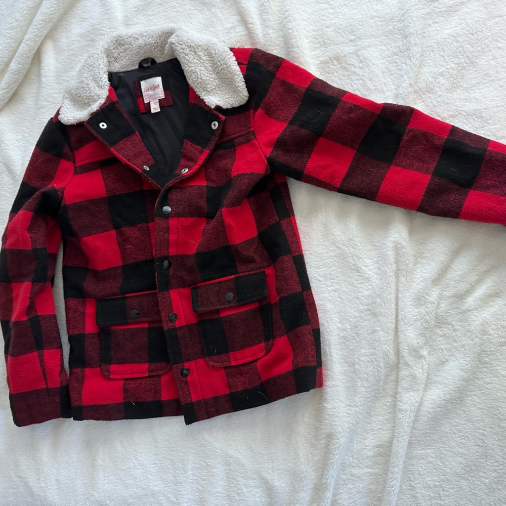 Cat & Jack Red Buffalo Plaid Jacket – Sherpa Collar, Snap – Boys L (12/14)